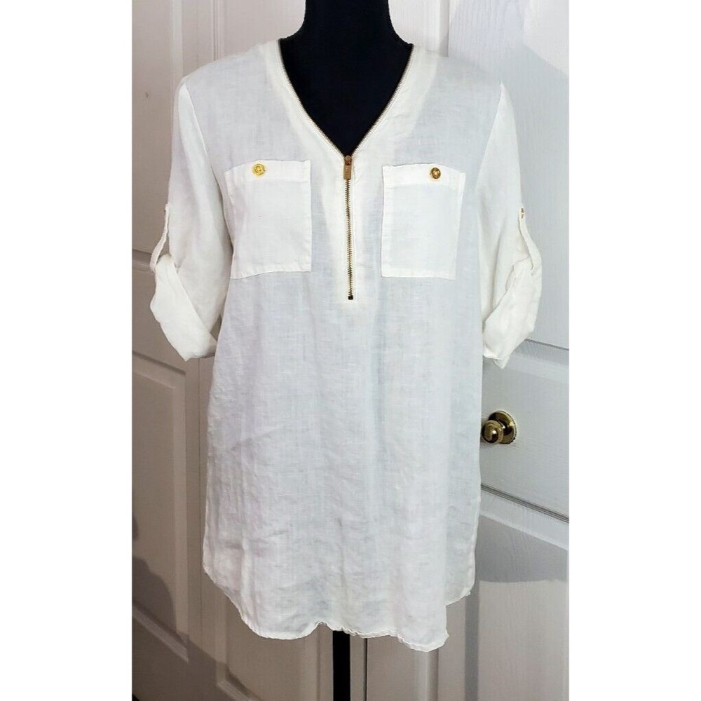 Ellen Tracy/Company Blouse Linen Zip Roll-Tab Sleeves Size Small White EUC